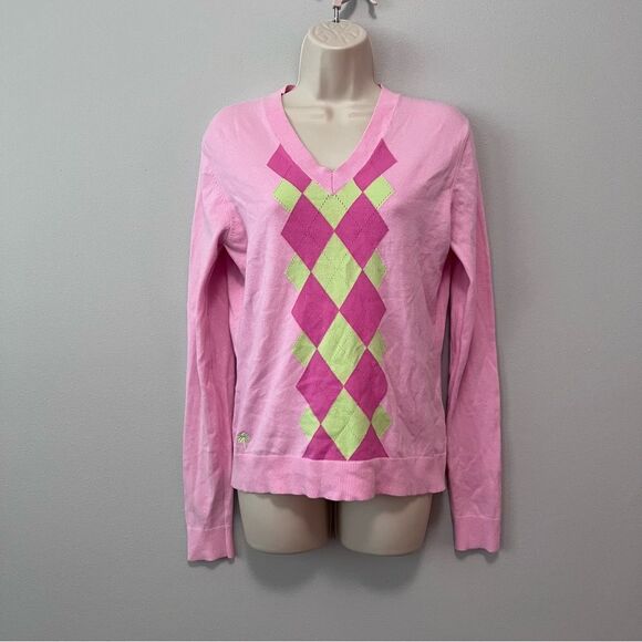 Lilly Pulitzer V-Neck Argyle Pink/Lime Green Sweater Size S - Picture 1 of 5